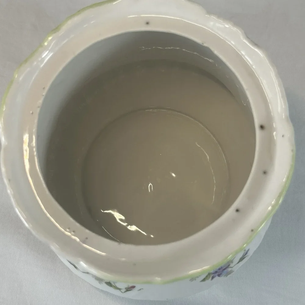 Antique Victorian Porcelain Biscuit Jar - Pink Roses & Violets - Green Ombre